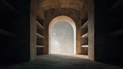 Naklejka premium Arched Gateway to the Cosmos: Conceptual Portal in Ancient Structure