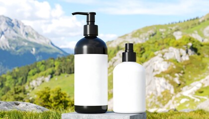 Skincare bottles mockup on stone with scenic mountain landscape in background.