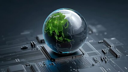 E waste management. Glass globe Earth green continents on black circuit board technology concept glowing connections symbolizing global connection futuristic style - Powered by Adobe