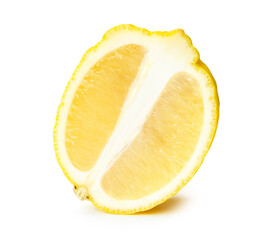 Front view of single ripe yellow lemon fruit in slice and ellipse or oval half isolated on white...