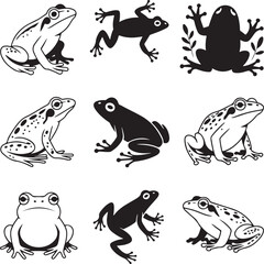 Jumping Frog Silhouette Vector Illustration

Cute Cartoon Frog in Sitting Pose Silhouette

Wildlife Frog Vector Icon for Nature Design

Tree Frog Silhouette for Jungle or Rainforest Theme

Simple Frog