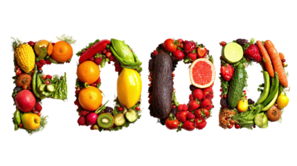 The word FOOD creatively spelled out using fresh fruits and vegetables for a healthy eating concept, isolated on tranparent background 