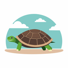 Cartoon Tortoise Walking on Sand with Sky and Clouds Background