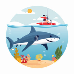 Cartoon Shark and Kite Surfer in a Vivid Underwater Scene