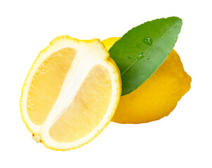 Front view of ripe yellow lemon fruit with half and one green leaf in oval or ellipse in heap...