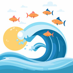 Naklejka premium Cartoon Fish Swimming Above a Large Ocean Wave with Sun and Clouds