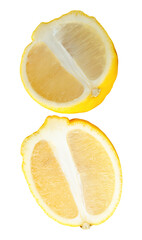 Top view set of ripe yellow lemon fruit or slices in two ellipse or oval halves isolated with...