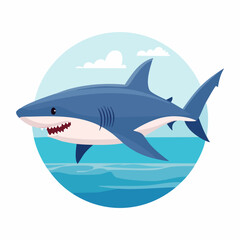 Obraz premium Cartoon Shark Swimming in Ocean with Clouds and Blue Water