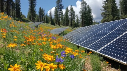 Sustainable Energy Meets Blooming Meadow: Solar Panels Amidst Wildflowers