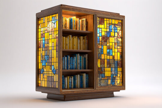 A photorealistic bookshelf with stained glass-inspired yellow and blue translucent patterns