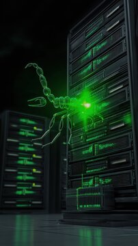 glowing green computer virus shaped like scorpion attacking server tower f