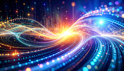 Obraz premium Digital Data Streams: Flowing streams of digital data converge in a vibrant display of connectivity, symbolizing the power and complexity of modern technology.