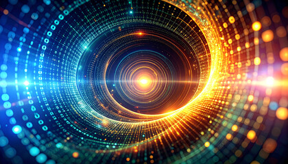 Digital Vortex: A mesmerizing swirling vortex of vibrant teal and gold energy, composed of intricate digital code, evokes a sense of futuristic technology and boundless potential.