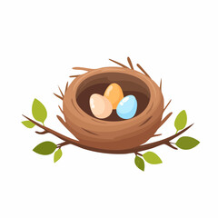 A Cozy Nest with Three Colorful Eggs on a Branch