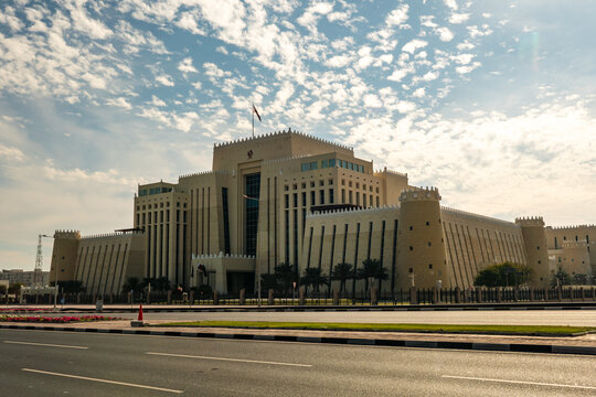 view of Ministry of Interior Office against cloudy blue sky in Doha, Qatar
