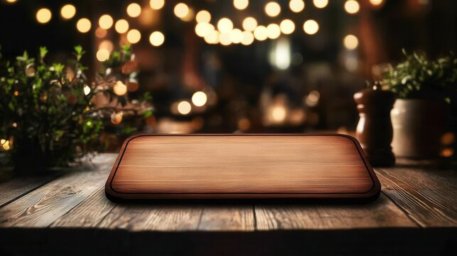 blank wooden restaurant board with elegant blurred bokeh lights