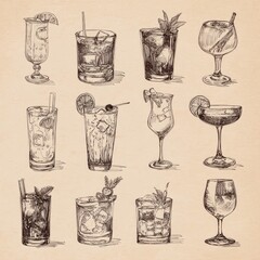 Hand-drawn cocktails sketch on textured paper vintage style illustration