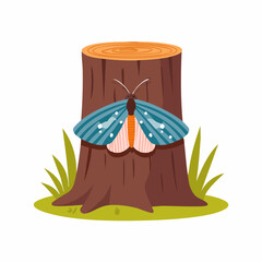 Colorful Moth Resting on a Tree Stump with Green Grass and Details