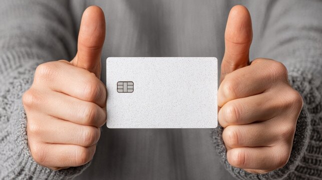 Approval hands holding a blank white credit card with a chip signifying trust