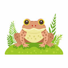 Obraz premium Cartoon Frog with Big Eyes Sitting on Green Grass and Ferns