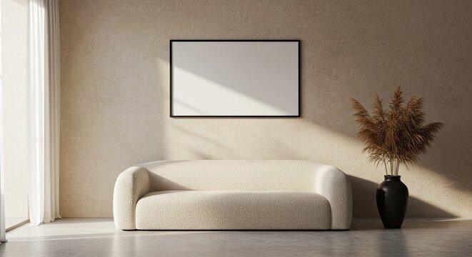 Sophisticated Living Room with Empty Frame Mockup on Textured Wall