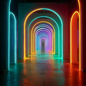 glowing neon archways representing gates of learning and breakthrough logic