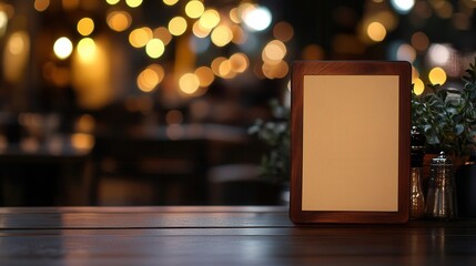 blank wooden restaurant board with elegant blurred bokeh lights