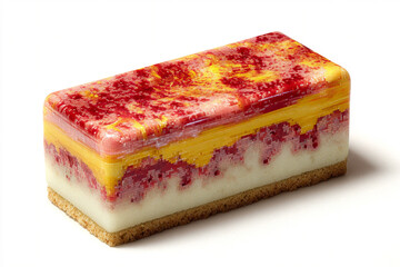 A photorealistic pastry with glitch-inspired red and yellow pixelated crust