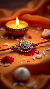 A close-up shot of a beautifully designed rakhi placed on a silk fabric with rice grains, roli (kumkum), and diya around &mdash; symbolizing tradition, celebration, and sibling love.

