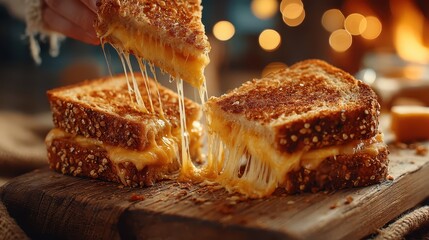 Melting cheesy grilled cheese sandwich with crispy bread and gooey cheese stretching on wooden board