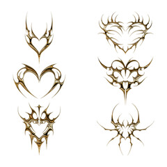 Set 3d chrome metal effect neo tribal y2k gothic style tattoo. Cyber sigilism heart design.