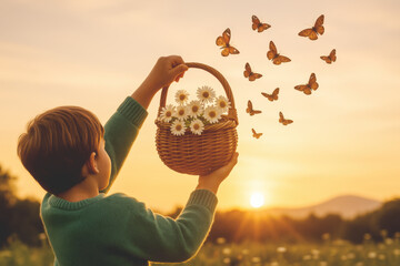 Child Holding a Daisy Flower Basket During Golden Hour in Meadow