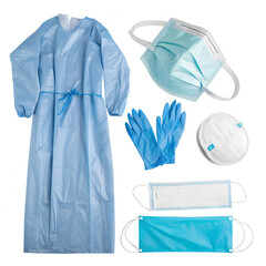 Medical protective equipment including masks, gloves, and gown on a white isolated background.