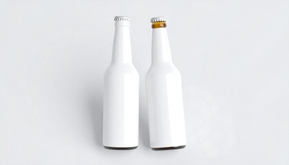 Two White Beer Bottles on White Background Refreshing Drink Concept.