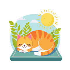 Fototapeta premium Peaceful Orange Tabby Cat Napping Under Sunny Sky and Greenery