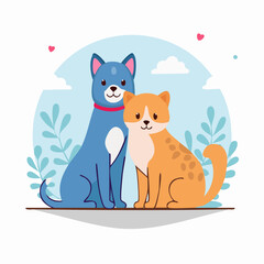 Adorable Cartoon Dog and Cat Companions Sitting Together with Love.