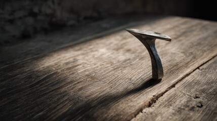 Single, solitary nail hammered on the textured oak, illuminated by spotlight