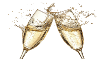 Two champagne glasses toasting with splash effect, isolated on tranparent background 