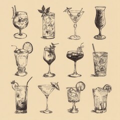 Various vintage cocktail sketches with garnish elements against beige background