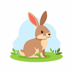 Fototapeta premium Cartoon Rabbit Sitting on Green Grass with Blue Sky Background.