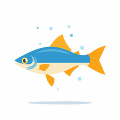 Stylized Blue and Orange Fish Swimming with Bubbles, Vector Illustration