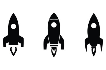 variety of rocket silhouette  in black, featuring cartoon-style vertical spacecraft on white background © Aisyah Faiha