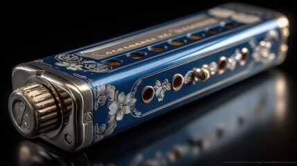 Elaborately decorated blue and silver instrument on a dark reflective surface