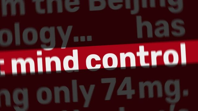 Mind Control Text Animation highlighted in red against a dark background. Ideal for themes of manipulation, power, and societal influence.