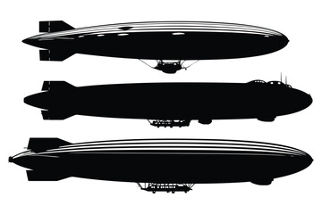 set of airship silhouette illustrations in black, featuring zeppelins and dirigibles on white background © Supardi