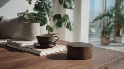 Serene morning scene with coffee, books, and plants creating calm atmosphere