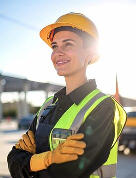 Mujer joven en construcci&oacute;n urbana con casco amarillo y chaleco reflectivo, sonriente bajo el sol frente a estructuras met&aacute;licas y cielo brillante, retrato laboral optimista