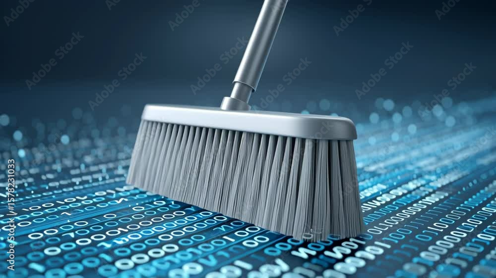 Poster e waste management. gray broom sweeping digital binary code glowing blue surface symbolizing data cl