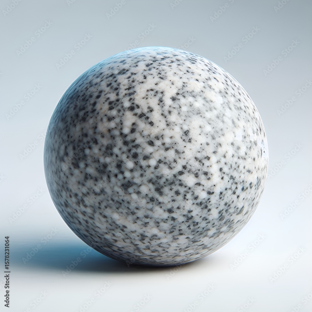 Poster speckled stone sphere rests, its detailed surface creating a calming, yet intriguing visual texture.