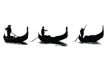 variety of gondola silhouette  in black, featuring traditional venetian boats with rowers on white background © Supardi
